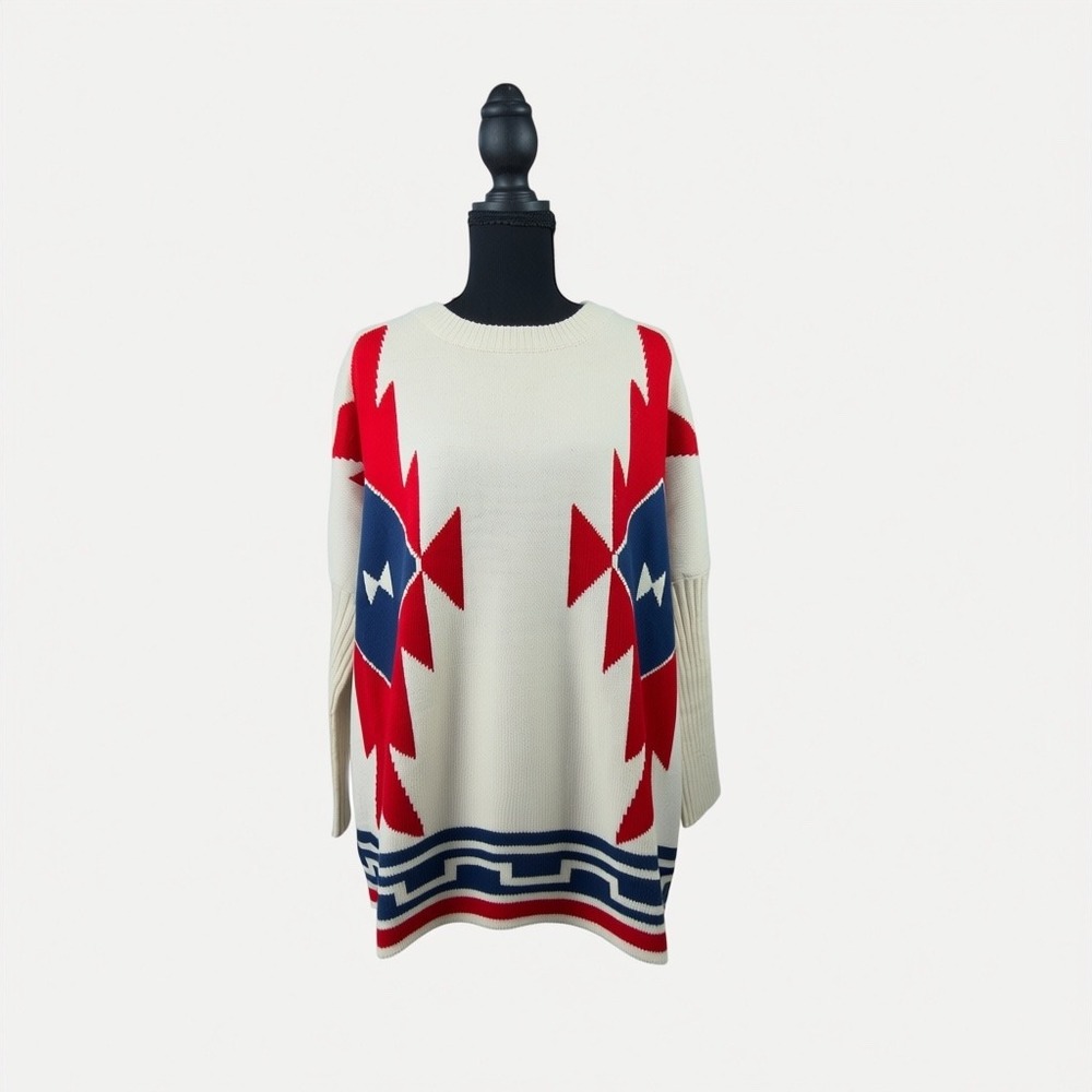 Verty Boho Oversized Sweater Southwestern Thunderbird Cream Red Blue One Size